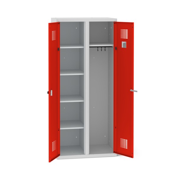 lockeel® clothing cupboard with body in light grey and opened doors in traffic red