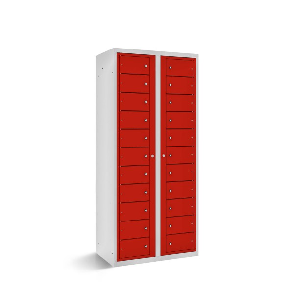 lockeel® locker with 22 compartments and central opening option in light grey with traffic red doors