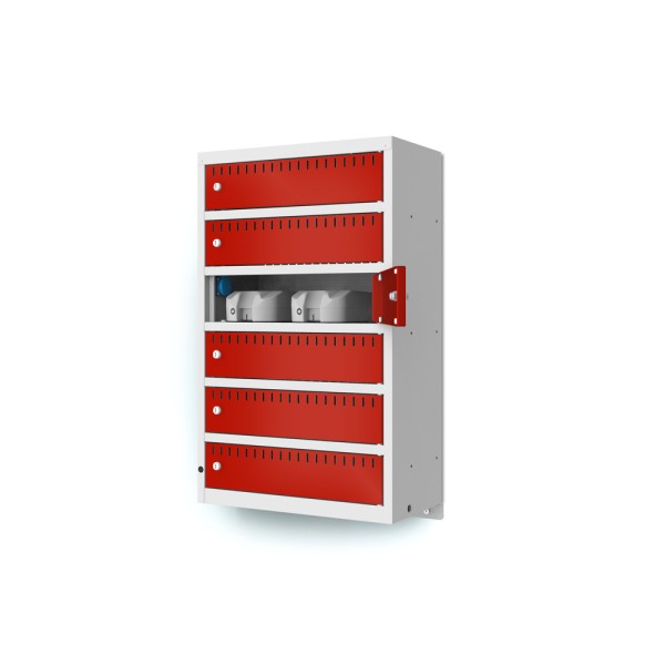lockeel® battery charging cabinet with 6 compartments for wall mounting in light grey with traffic red doors