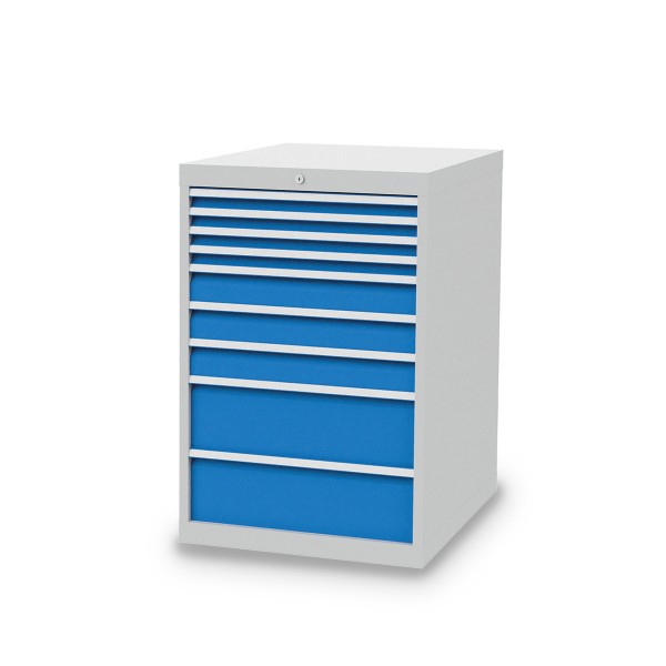 Drawer cabinet W705xD736xH1019 mm with 9 drawers, body light grey RAL 7035 / fronts light blue RAL 5012