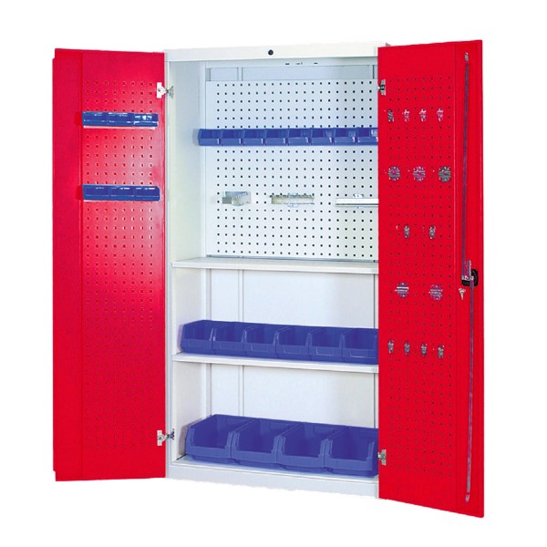 Multifunctional cupboard with hinged doors, perforated walls and 2 shelves | lockeel®