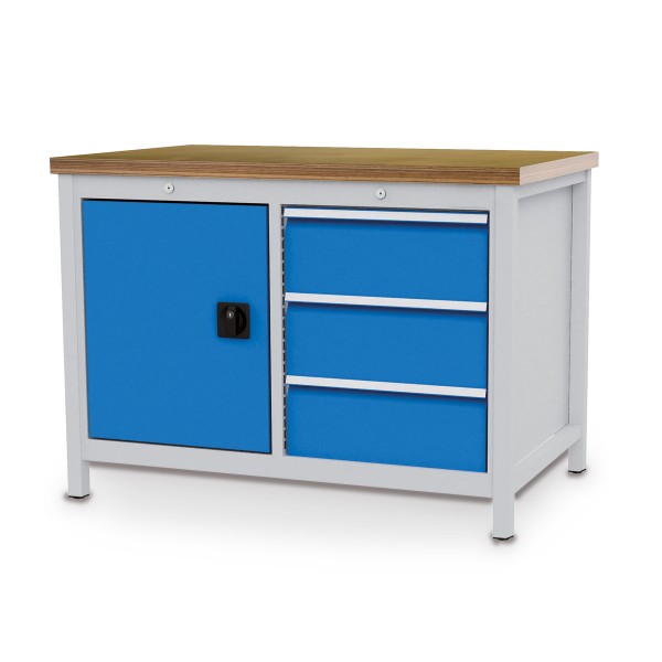 Box workbench W 1250 x D 750 x H 859 mm with 3 drawers and 1 door