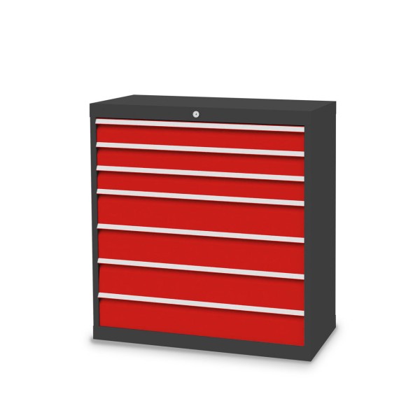 Drawer cabinet W 980 x D 500 x H 1019 mm with 7 drawers, body anthracite RAL 7016, fronts traffic red RAL 3020