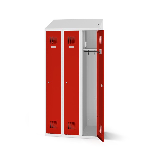 lockeel® clothes locker including loading function with three compartments in light grey and traffic red doors