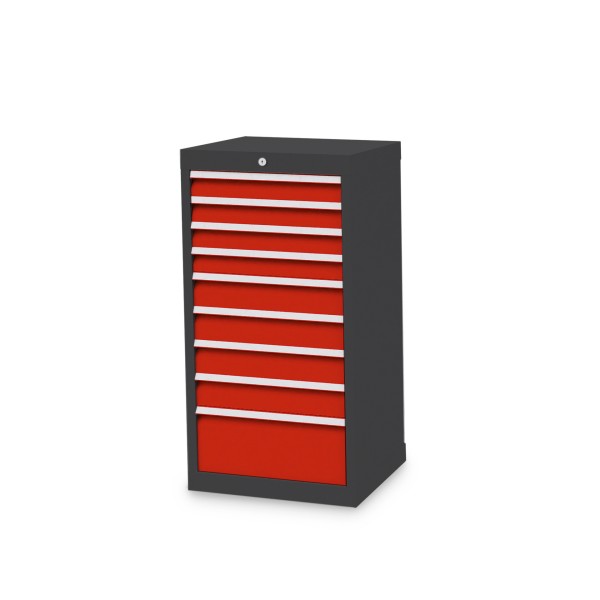 Drawer cabinet W 530 x D 500 x H 1019 mm with 9 drawers, body anthracite RAL 7016, fronts traffic red RAL 3020