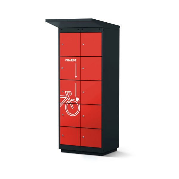 lockeel® e-bike charging station 8 doors  for outdoor use in anthracite grey with fire-red doors with foil plot