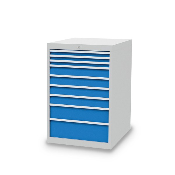 Drawer cabinet W705xD736xH1019 mm with 9 drawers, body light grey RAL 7035 / fronts light blue RAL 5012