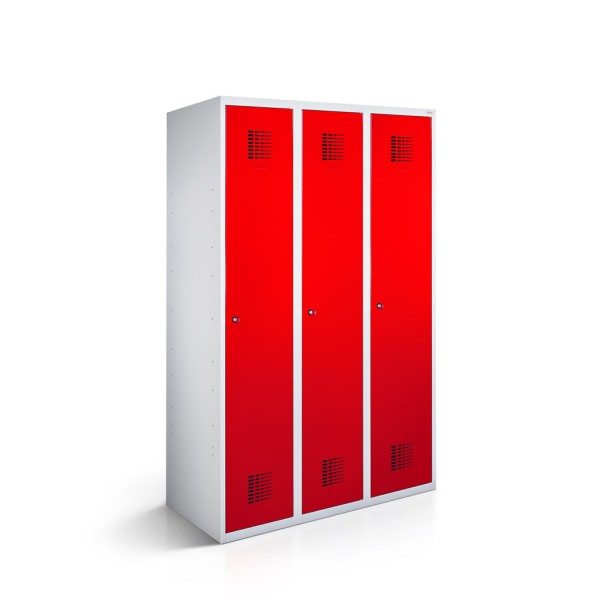 lockeel® Clothes locker 3 doors with body in light grey and door in traffic red