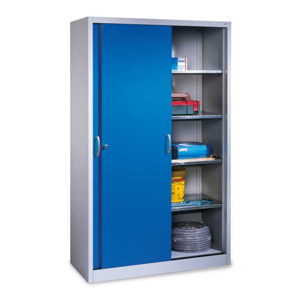 Heavy duty cabinet with sliding doors, 4 shelves | red steel