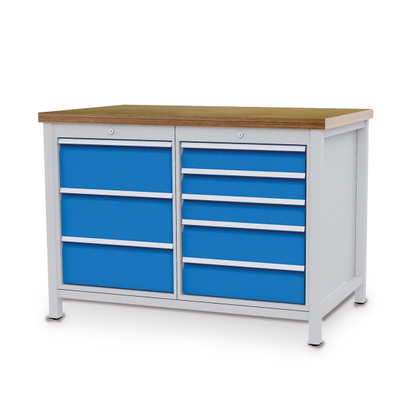 Box workbench W 1250 x D 750 x H 859 mm with 8 drawers, body light grey RAL 7035, fronts light blue RAL 5012