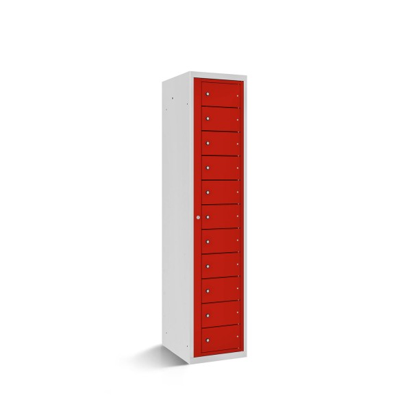 lockeel® compartment cupboard with 11 compartments and central opening option in light grey with traffic red doors