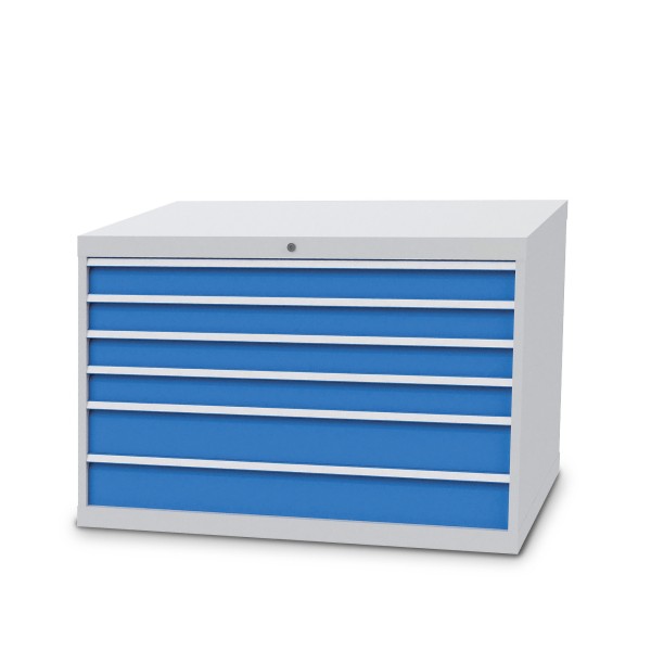 Drawer cabinet B1305xD736xH819 mm with 6 drawers, body light grey RAL 7035 / fronts light blue RAL 5012