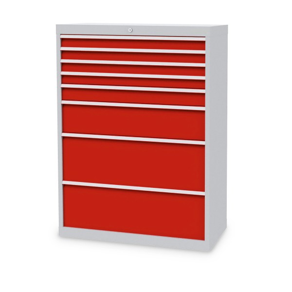 Drawer cabinet W 980 x D 500 x H 1319 mm with 8 drawers, body light grey RAL 7035, fronts traffic red RAL 3020