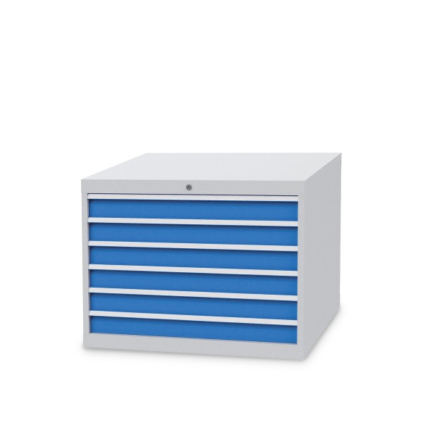 Drawer cabinet W 1005 x D 736 x H 719 mm with 6 drawers, body light grey RAL 7035, fronts light blue RAL 5012