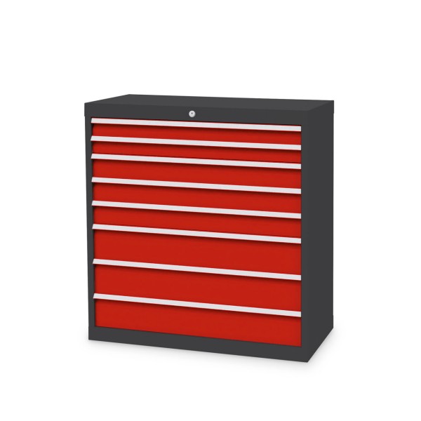 Drawer cabinet W 980 x D 500 x H 1019 mm with 8 drawers, body anthracite RAL 7016, fronts traffic red RAL 3020