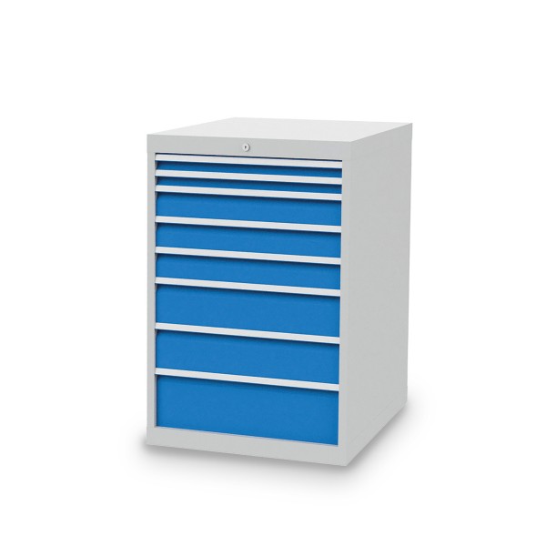 Drawer cabinet W705xD736xH1019 mm with 8 drawers, body light grey RAL 7035 / fronts light blue RAL 5012