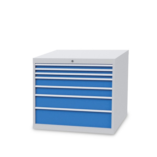 Drawer cabinet W 1005 x D 736 x H 819 mm with 7 drawers, body light grey RAL 7035, fronts light blue RAL 5012