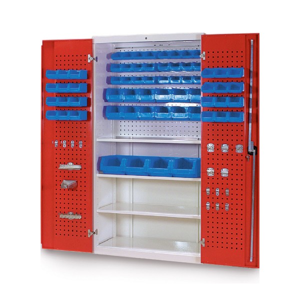 Multifunctional cupboard with hinged doors, perforated walls and 3 shelves | lockeel®