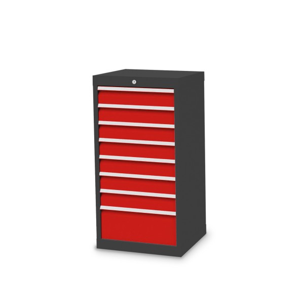 Drawer cabinet W 530 x D 500 x H 1019 mm with 8 drawers, body anthracite RAL 7016, fronts traffic red RAL 3020