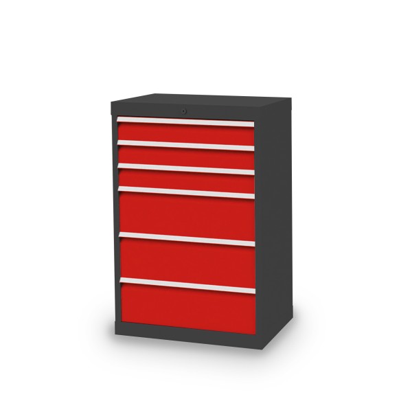 Drawer cabinet W 680 x D 500 x H 1019 mm with 6 drawers, body anthracite RAL 7016, fronts traffic red RAL 3020