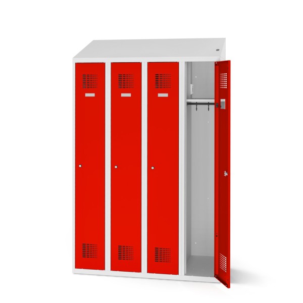 lockeel® clothes locker including loading function with four compartments in light grey and traffic red doors