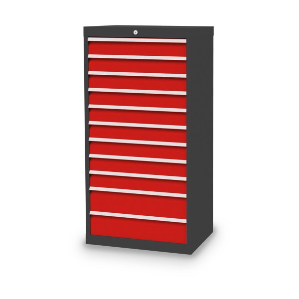 Drawer cabinet W 680 x D 500 x H 1319 mm with 11 drawers, body anthracite RAL 7016, fronts traffic red RAL 3020