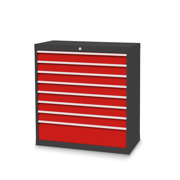 Drawer cabinet W 980 x D 500 x H 1019 mm with 8 drawers, body anthracite RAL 7016, fronts traffic red RAL 3020