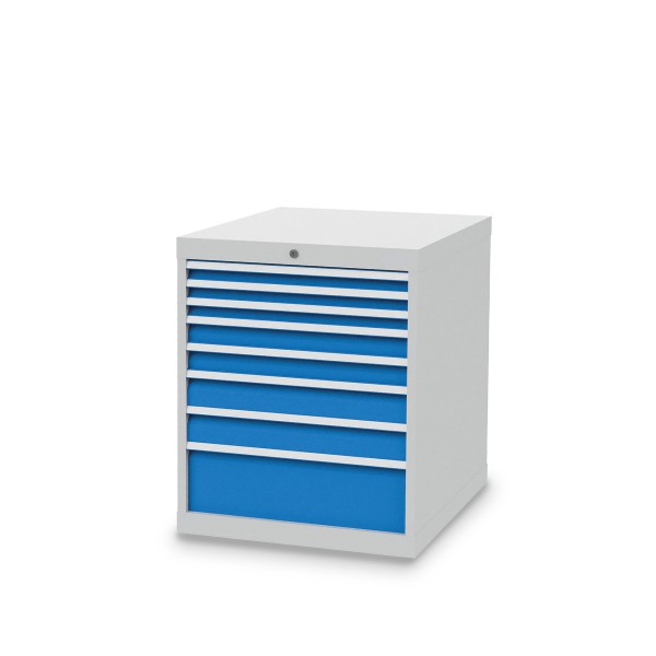 Drawer cabinet W705xD736xH819 mm with 8 drawers, body light grey RAL 7035 / fronts light blue RAL 5012