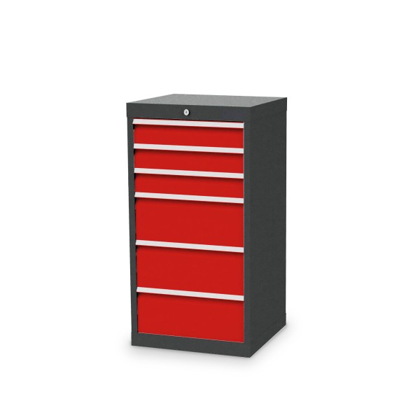 Drawer cabinet W 530 x D 500 x H 1019 mm with 6 drawers, body anthracite RAL 7016, fronts traffic red RAL 3020