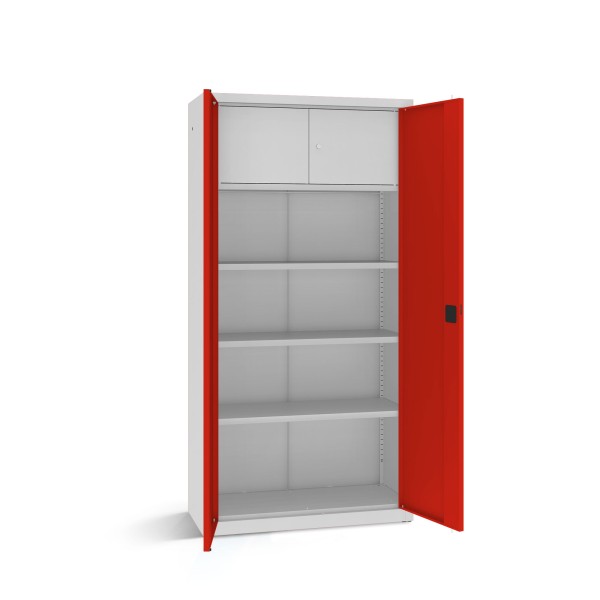 LOCKEEL® Büroschrank B 100 cm mit 3 Fachböden und Wertfach in Lichtgrau mit verkehrsroten geöffneten Türen