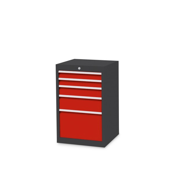 Drawer cabinet W 530 x D 500 x H 819 mm with 5 drawers, body anthracite RAL 7016, fronts traffic red RAL 3020