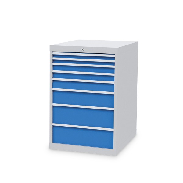 Drawer cabinet W705xD736xH1019 mm with 8 drawers, body light grey RAL 7035 / fronts light blue RAL 5012