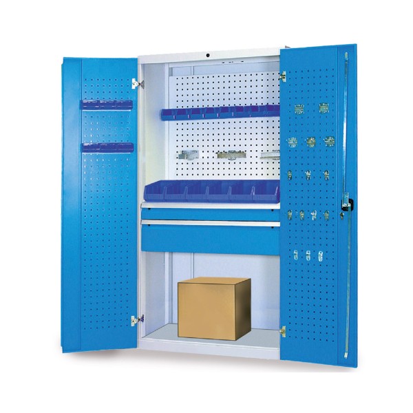 Multifunctional cupboard with hinged doors, perforated walls and 2 drawers | lockeel®