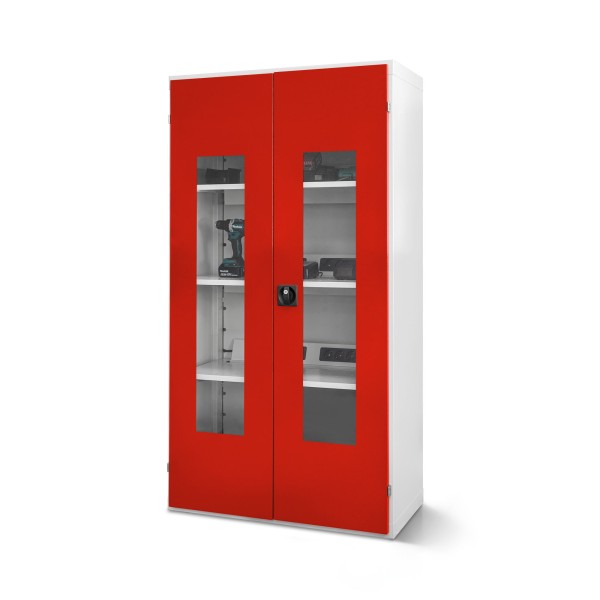 lockeel® hinged door cabinet with charging function in light gray with traffic red viewing window doors