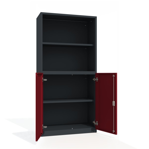 lockeel® office cabinet premium 4 shelves 2x open wing doors in anthracite gray with ruby red doors