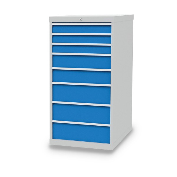 Drawer cabinet W705xD736xH1319 mm with 8 drawers, body light grey RAL 7035 / fronts light blue RAL 5012