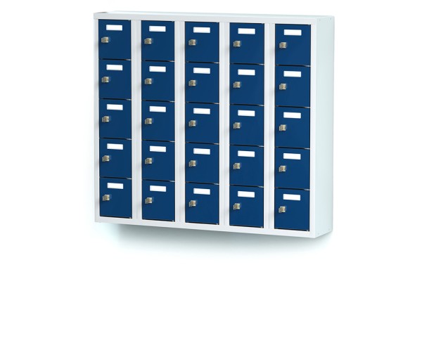 lockeel® mini locker 5x5 compartments with light grey body and gentian blue doors